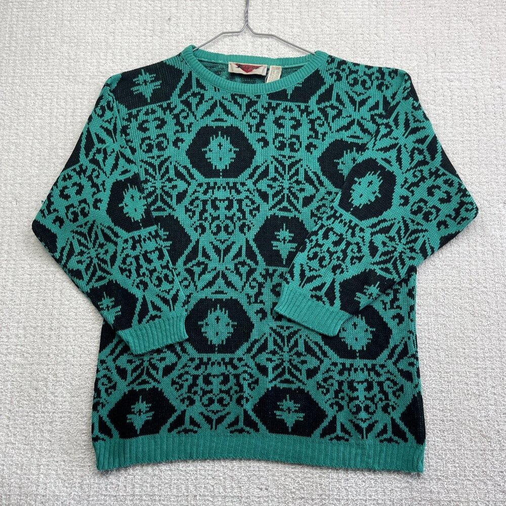 Vintage Sweater Adult Large 80’s Badge Knit Blue / Green Geometric Psychedelic
